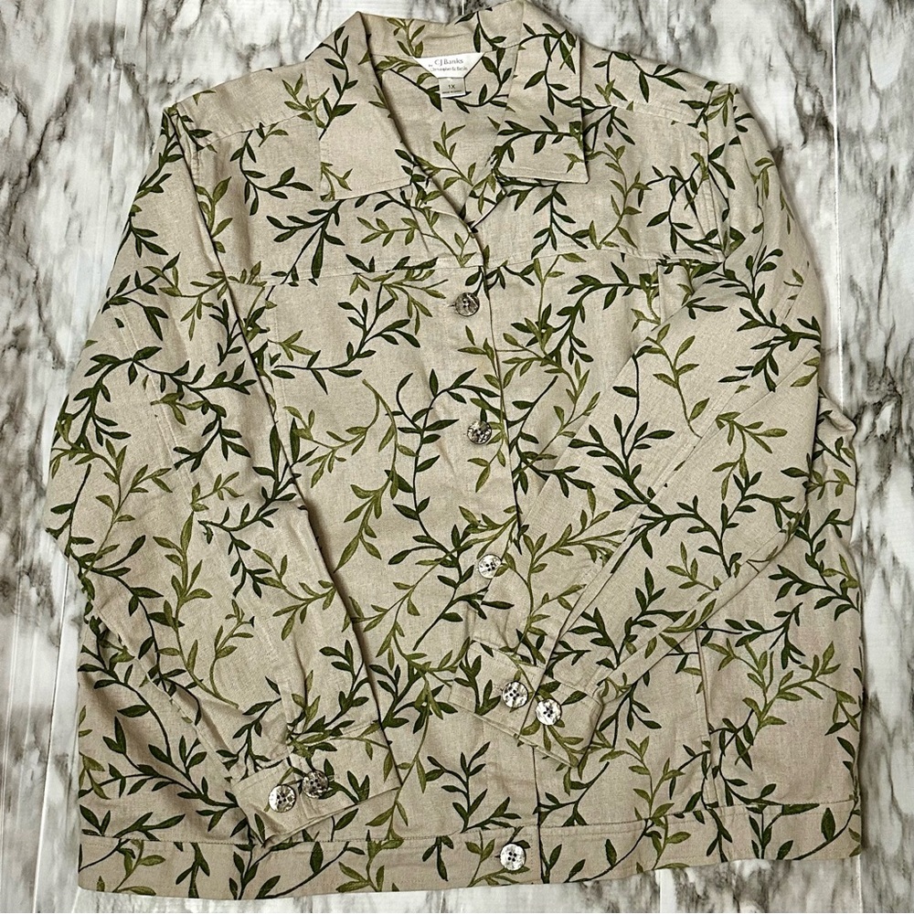 Leaf Patterned Beige Lightweight Jacket Linen Cot… - image 2